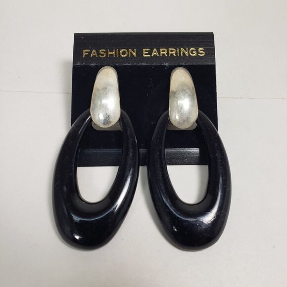 Women's Stunning Polished Silver tone & Black Hoop Drop Earrings, 2.3-inch Drop - Picture 5 of 8